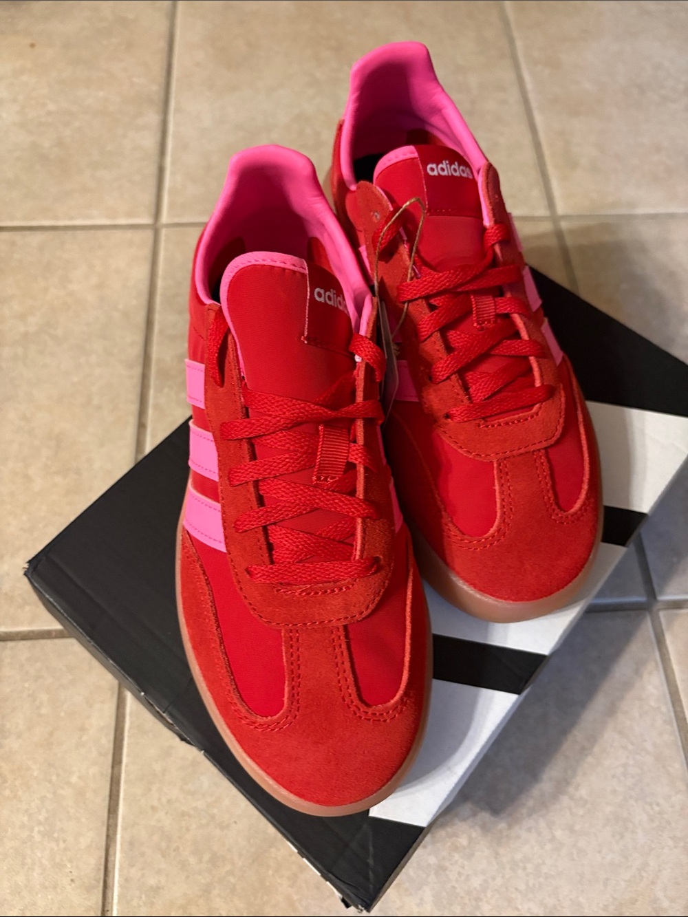 adidas Women’s Red Sneakers with Pink Stripes